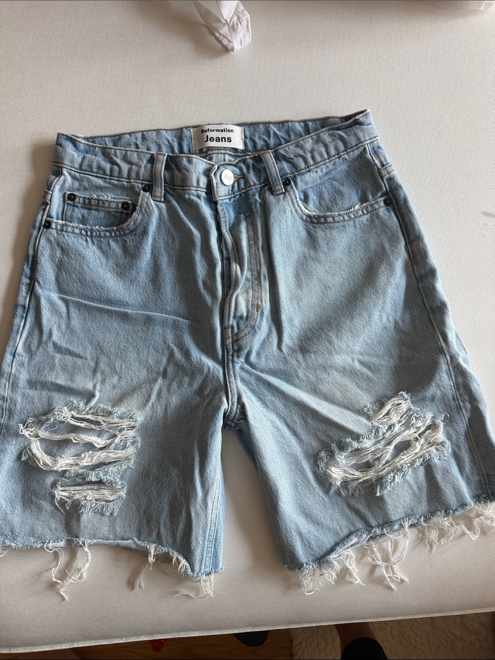 Reformation Light Blue Distressed Denim Shorts